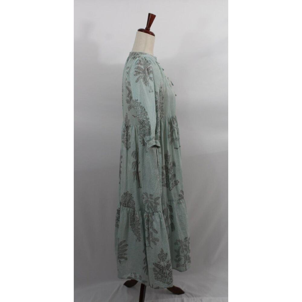 MATTA Sz S Small Aqua Stripe Short Elbow Sleeve Midi Dress Cotton Katia Trees - Picture 5 of 11